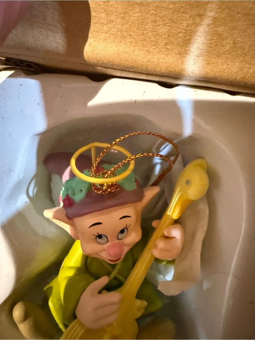 Yellow Musical Elf Ornament with Guitar - Holiday Decoration